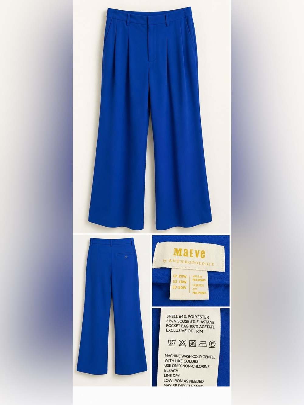Maeve by Anthropologie Wide Leg Pleated Pants – Cobalt Blue – Size 16W